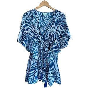 TRUE DESTINATIONS Resort Cotton CoverUp Mini Dress Seashell Tassels Blue White M